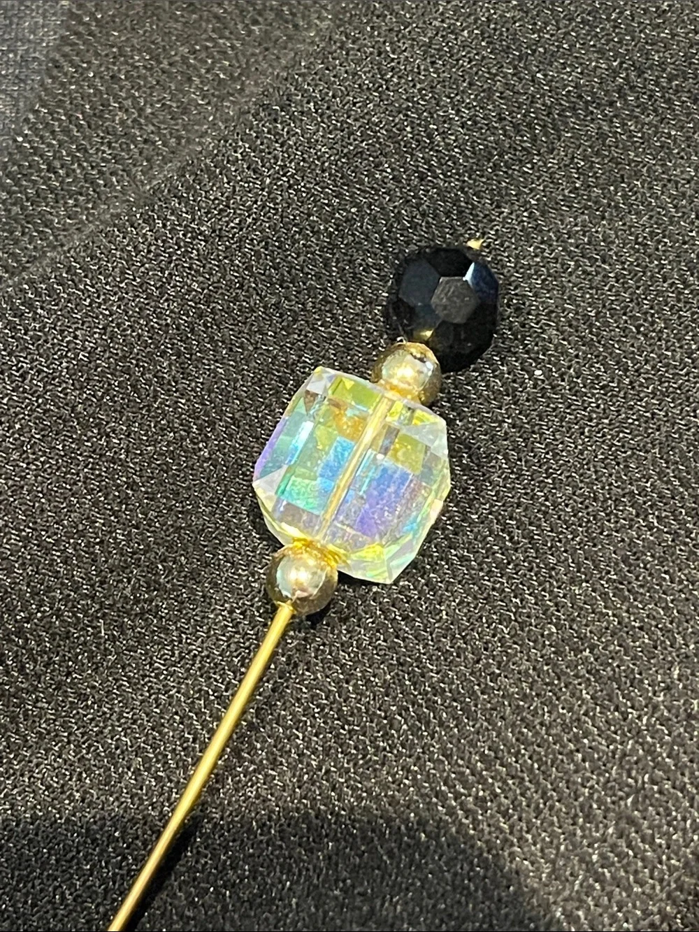 Vintage Iridescent Faceted Crystal Stick Pin Hat Pin Gold Tone 4” Black Bead